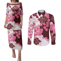 Pink Hibiscus Plumeria Floral Couples Matching Puletasi and Long Sleeve Button Shirt - Polynesian Pride