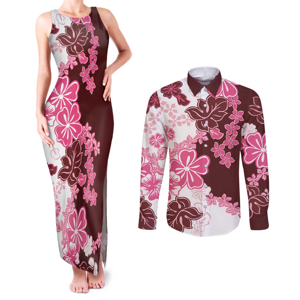 Pink Hibiscus Plumeria Floral Couples Matching Tank Maxi Dress and Long Sleeve Button Shirt - Polynesian Pride