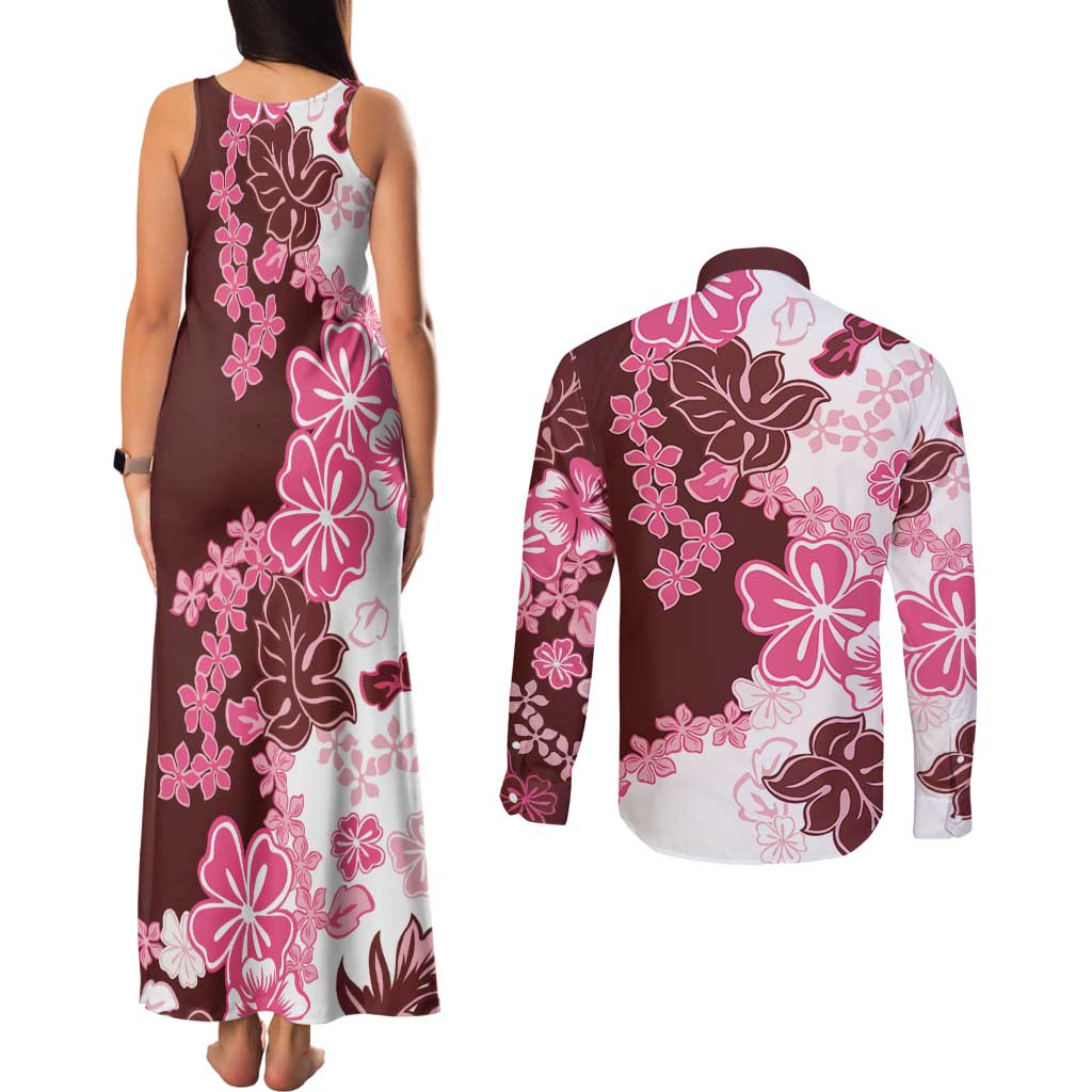 Pink Hibiscus Plumeria Floral Couples Matching Tank Maxi Dress and Long Sleeve Button Shirt - Polynesian Pride
