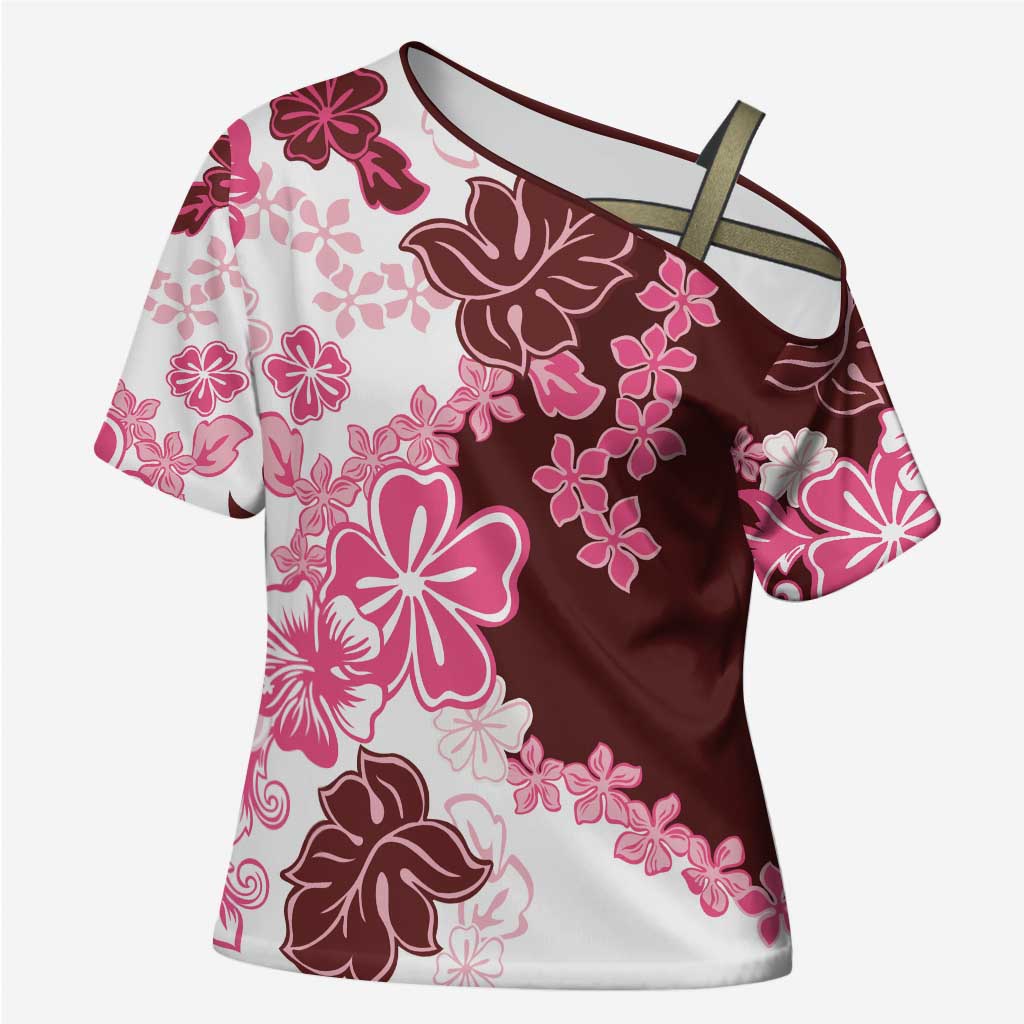 Pink Hibiscus Plumeria Floral Cross Shoulder Shirt LT01 Female Pink - Polynesian Pride