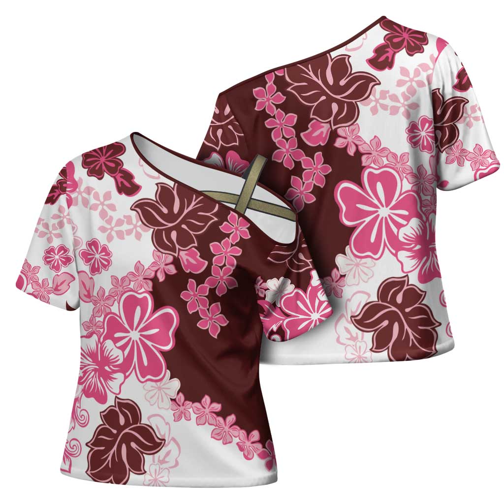 Pink Hibiscus Plumeria Floral Cross Shoulder Shirt LT01 - Polynesian Pride