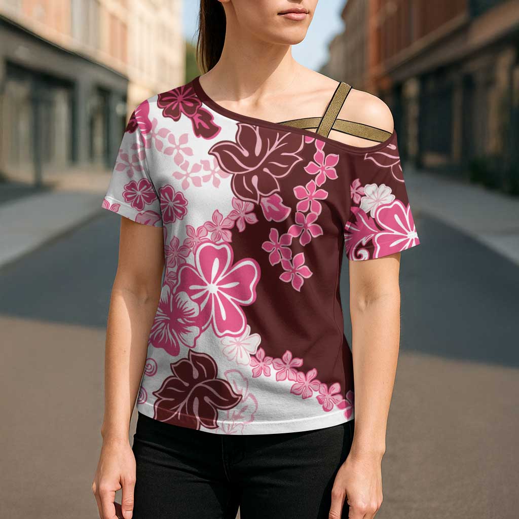 Pink Hibiscus Plumeria Floral Cross Shoulder Shirt LT01 - Polynesian Pride
