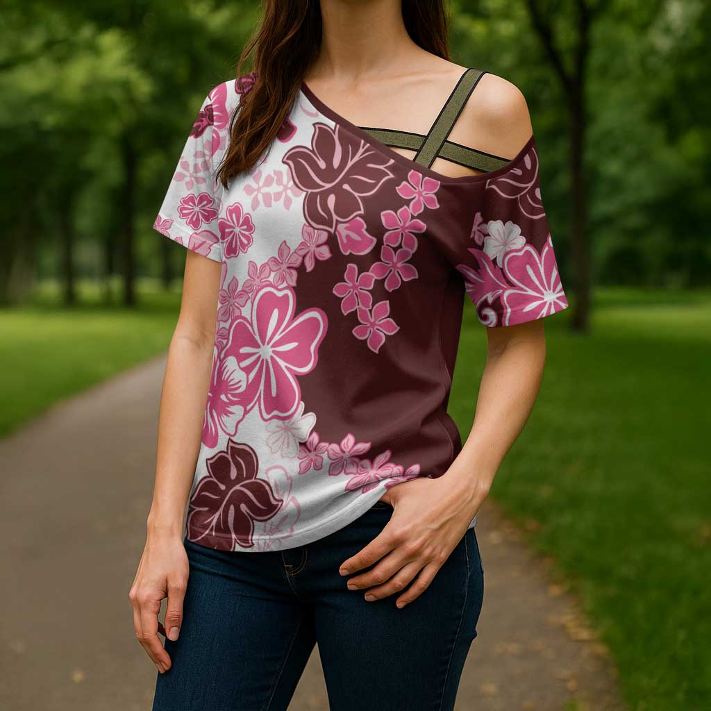Pink Hibiscus Plumeria Floral Cross Shoulder Shirt LT01 - Polynesian Pride