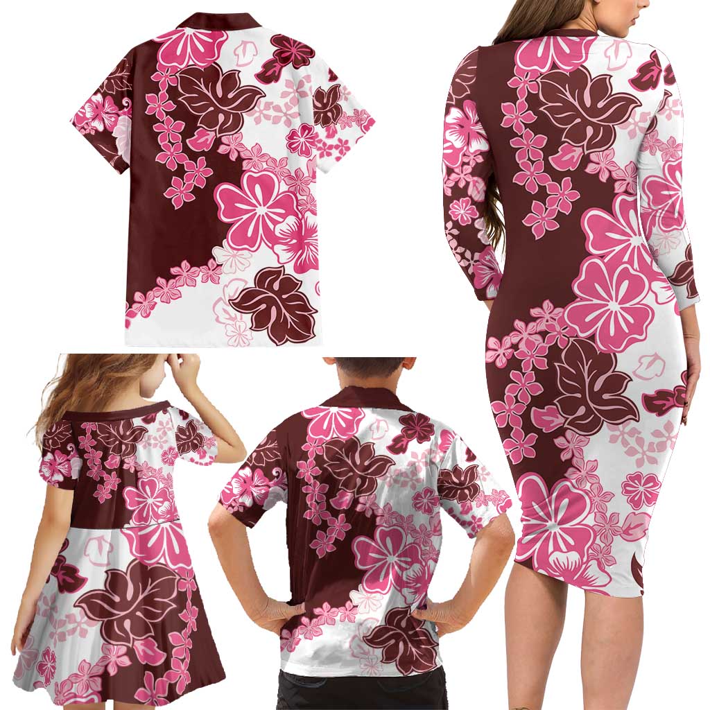 Pink Hibiscus Plumeria Floral Family Matching Long Sleeve Bodycon Dress and Hawaiian Shirt - Polynesian Pride