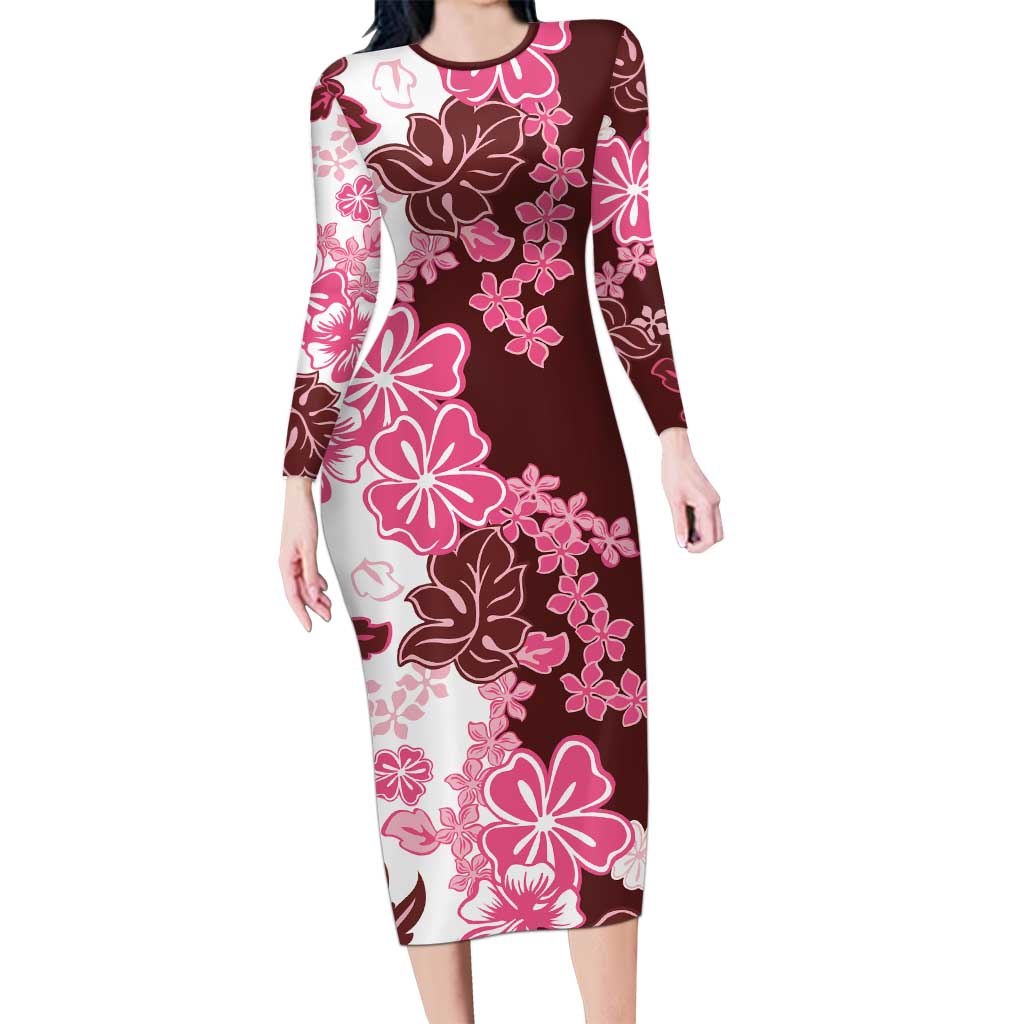 Pink Hibiscus Plumeria Floral Family Matching Long Sleeve Bodycon Dress and Hawaiian Shirt - Polynesian Pride