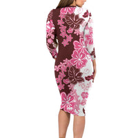 Pink Hibiscus Plumeria Floral Family Matching Long Sleeve Bodycon Dress and Hawaiian Shirt - Polynesian Pride