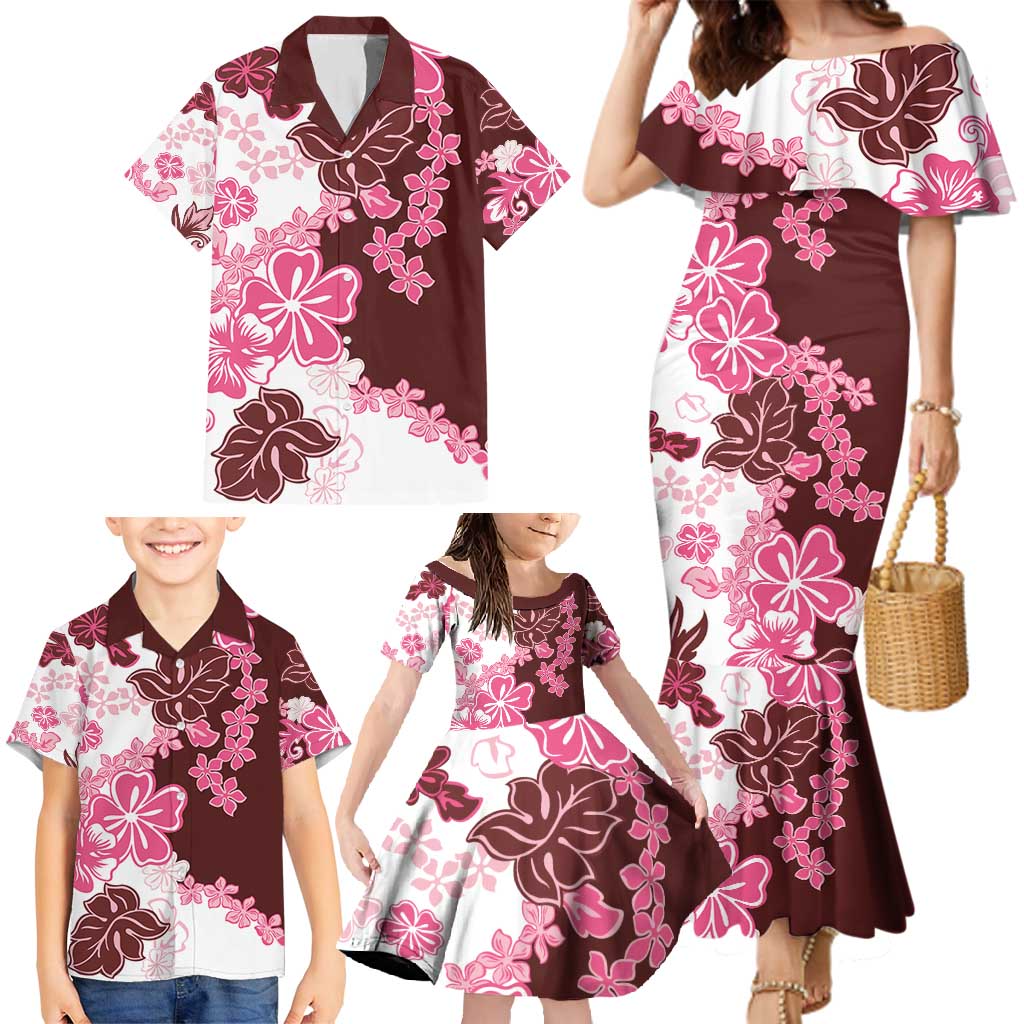 Pink Hibiscus Plumeria Floral Family Matching Mermaid Dress and Hawaiian Shirt - Polynesian Pride