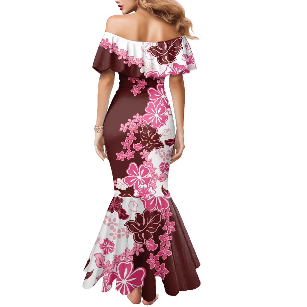 Pink Hibiscus Plumeria Floral Family Matching Mermaid Dress and Hawaiian Shirt - Polynesian Pride