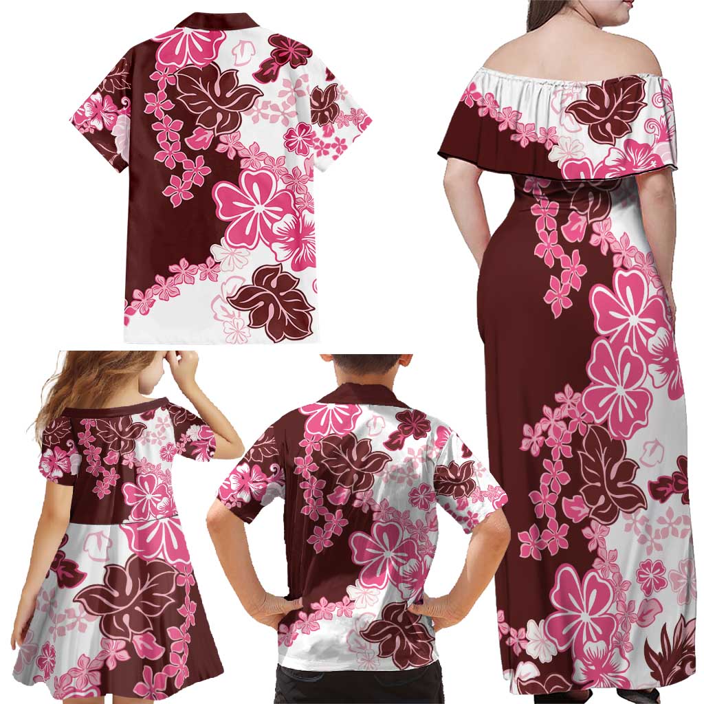 Pink Hibiscus Plumeria Floral Family Matching Off Shoulder Maxi Dress and Hawaiian Shirt - Polynesian Pride