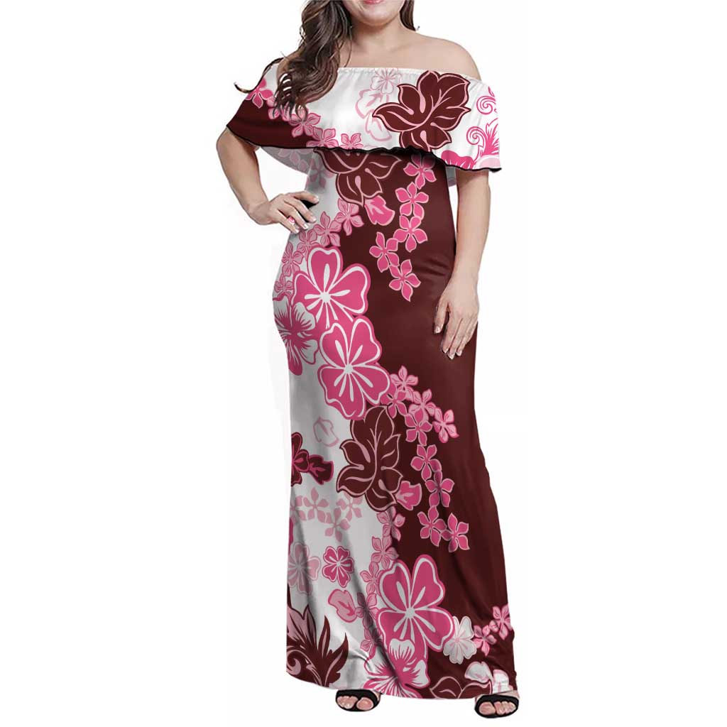 Pink Hibiscus Plumeria Floral Family Matching Off Shoulder Maxi Dress and Hawaiian Shirt - Polynesian Pride