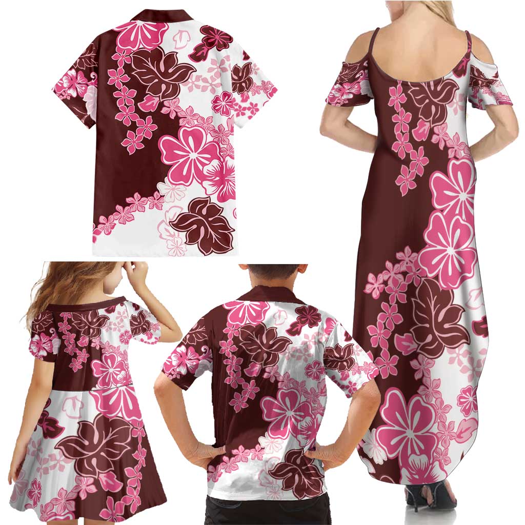 Pink Hibiscus Plumeria Floral Family Matching Summer Maxi Dress and Hawaiian Shirt - Polynesian Pride