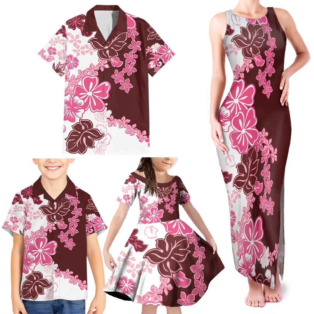 Pink Hibiscus Plumeria Floral Family Matching Tank Maxi Dress and Hawaiian Shirt - Polynesian Pride