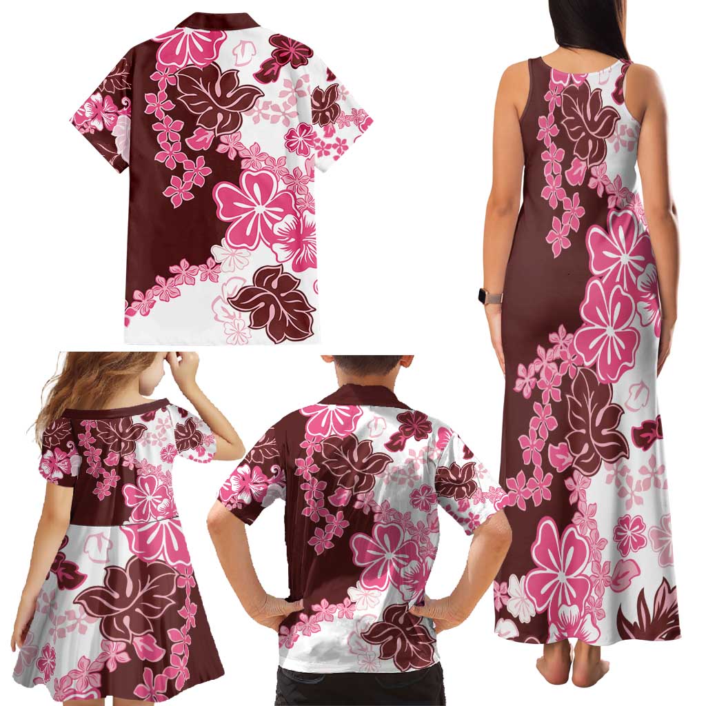 Pink Hibiscus Plumeria Floral Family Matching Tank Maxi Dress and Hawaiian Shirt - Polynesian Pride