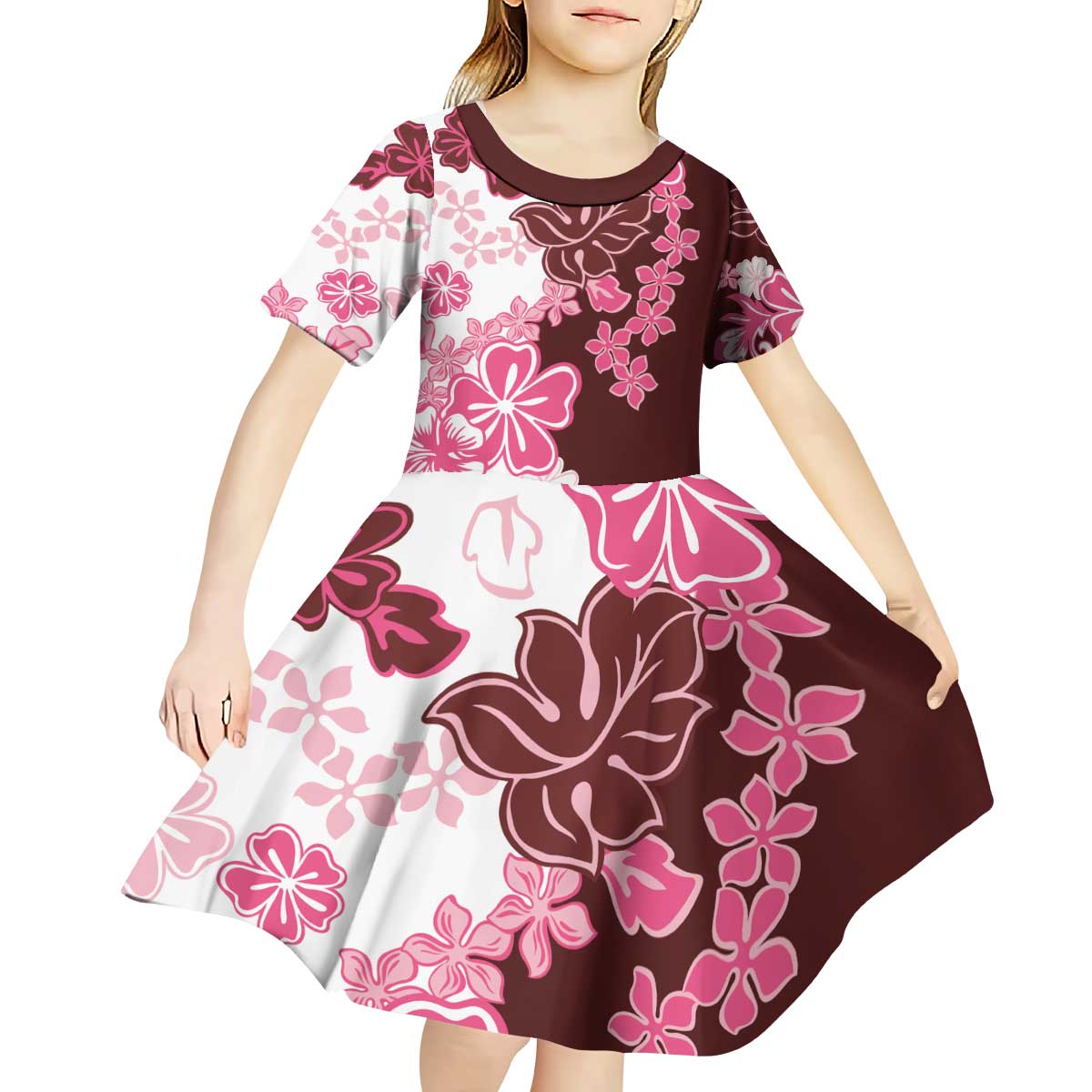 Pink Hibiscus Plumeria Floral Kid Short Sleeve Dress - Polynesian Pride