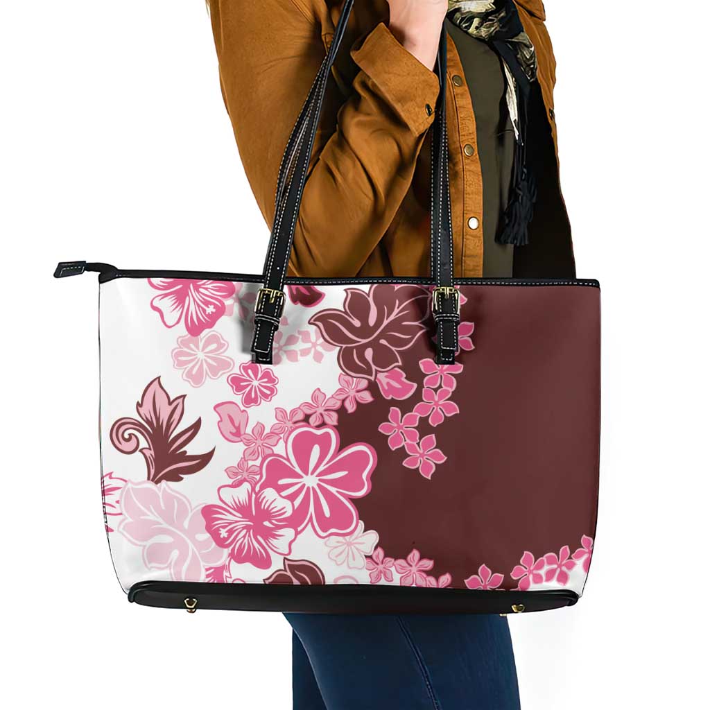 Pink Hibiscus Plumeria Floral Leather Tote Bag - Polynesian Pride