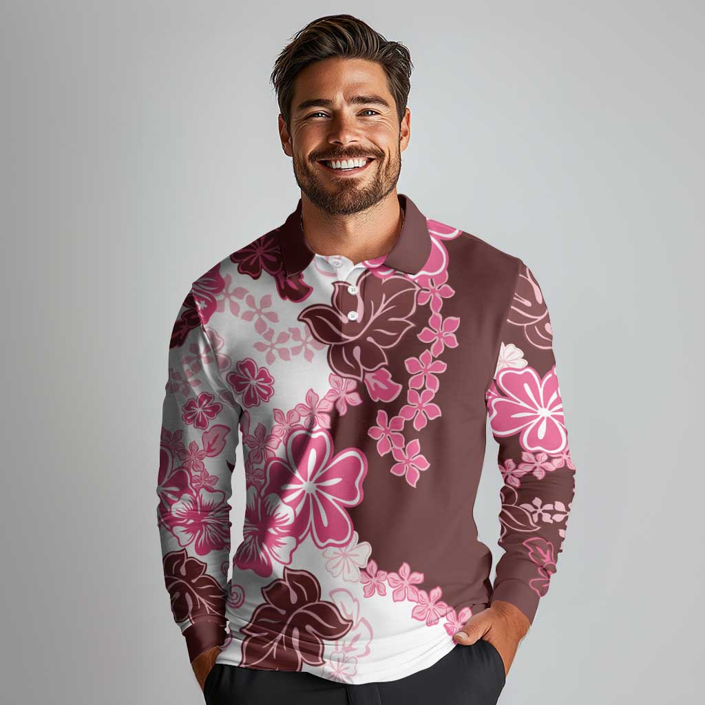 Pink Hibiscus Plumeria Floral Long Sleeve Polo Shirt LT01 - Polynesian Pride