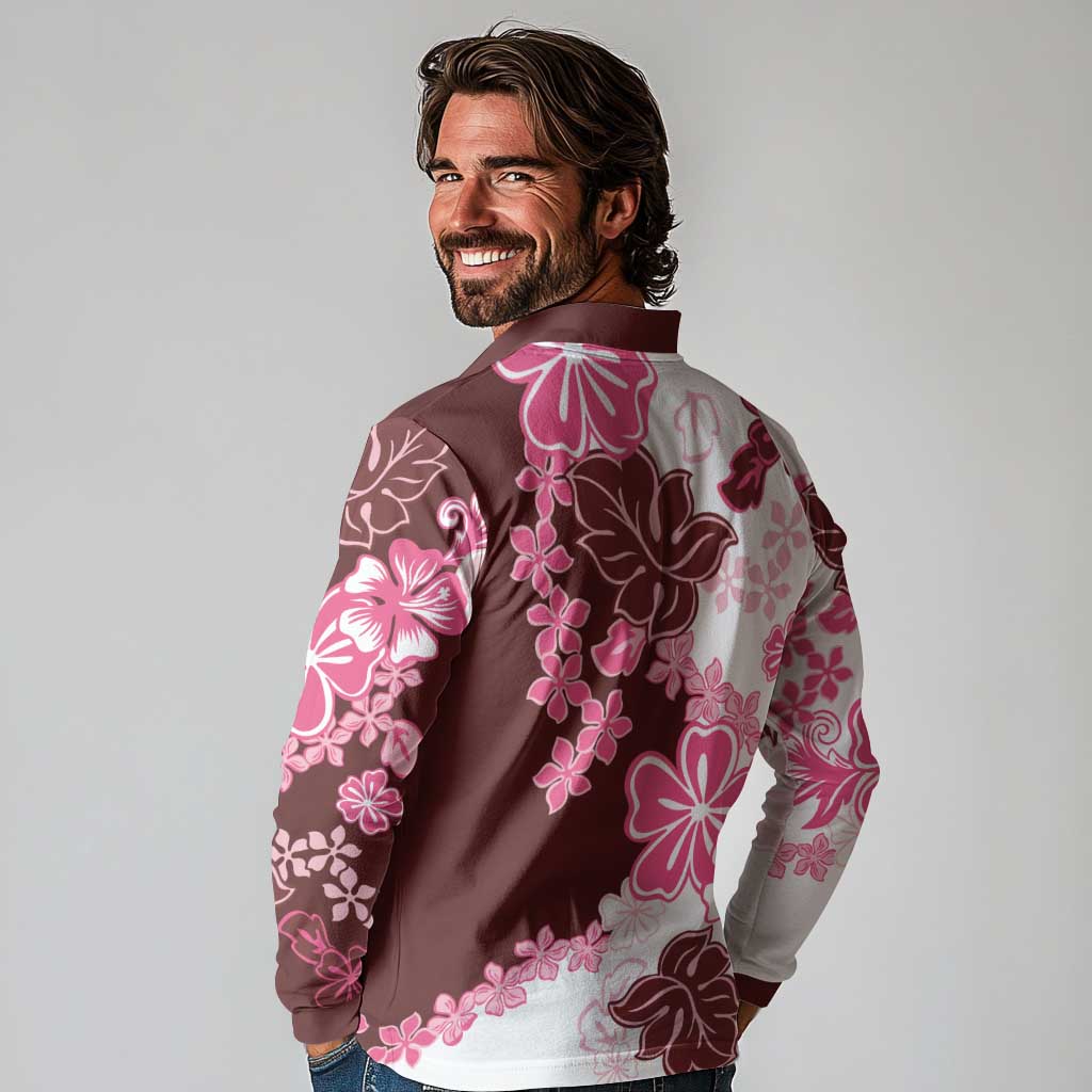 Pink Hibiscus Plumeria Floral Long Sleeve Polo Shirt LT01 - Polynesian Pride