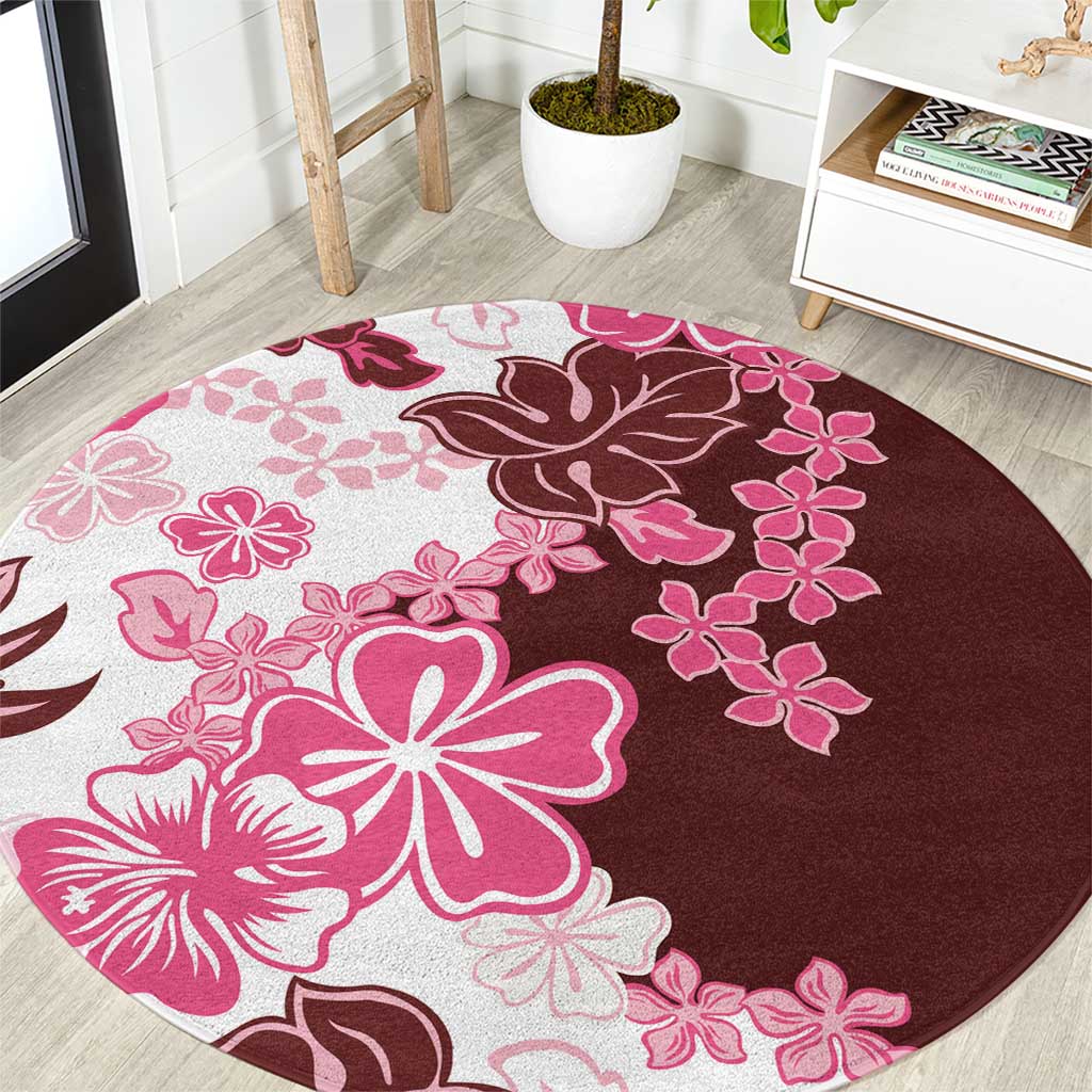 Pink Hibiscus Plumeria Floral Round Carpet - Polynesian Pride