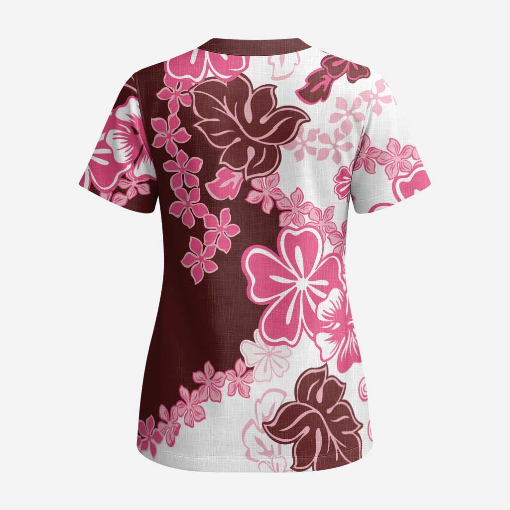 Pink Hibiscus Plumeria Floral Scrub Top LT01 - Polynesian Pride