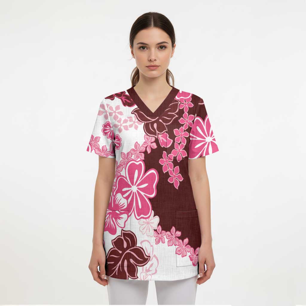 Pink Hibiscus Plumeria Floral Scrub Top LT01 - Polynesian Pride