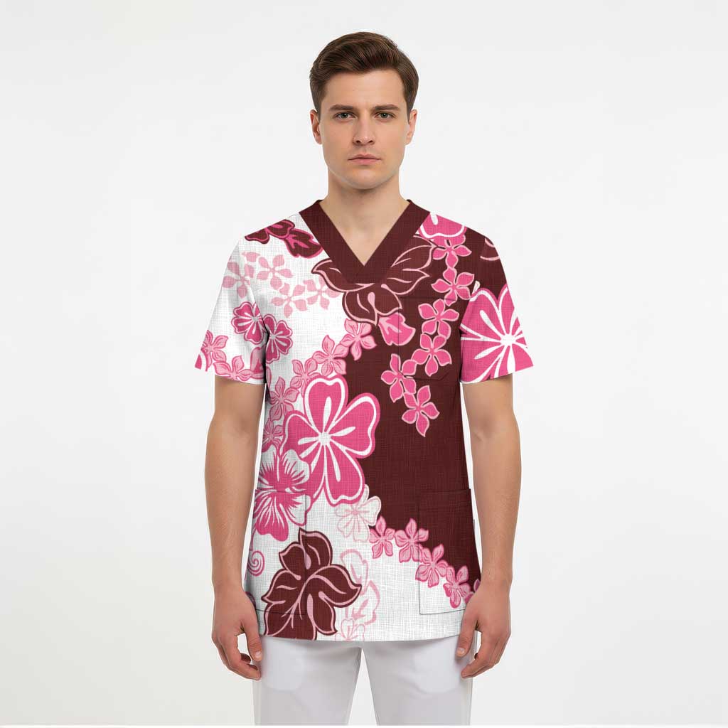 Pink Hibiscus Plumeria Floral Scrub Top LT01 - Polynesian Pride
