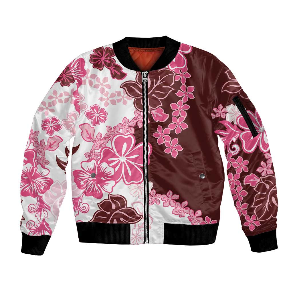 Pink Hibiscus Plumeria Floral Sleeve Zip Bomber Jacket - Polynesian Pride
