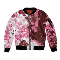 Pink Hibiscus Plumeria Floral Sleeve Zip Bomber Jacket - Polynesian Pride