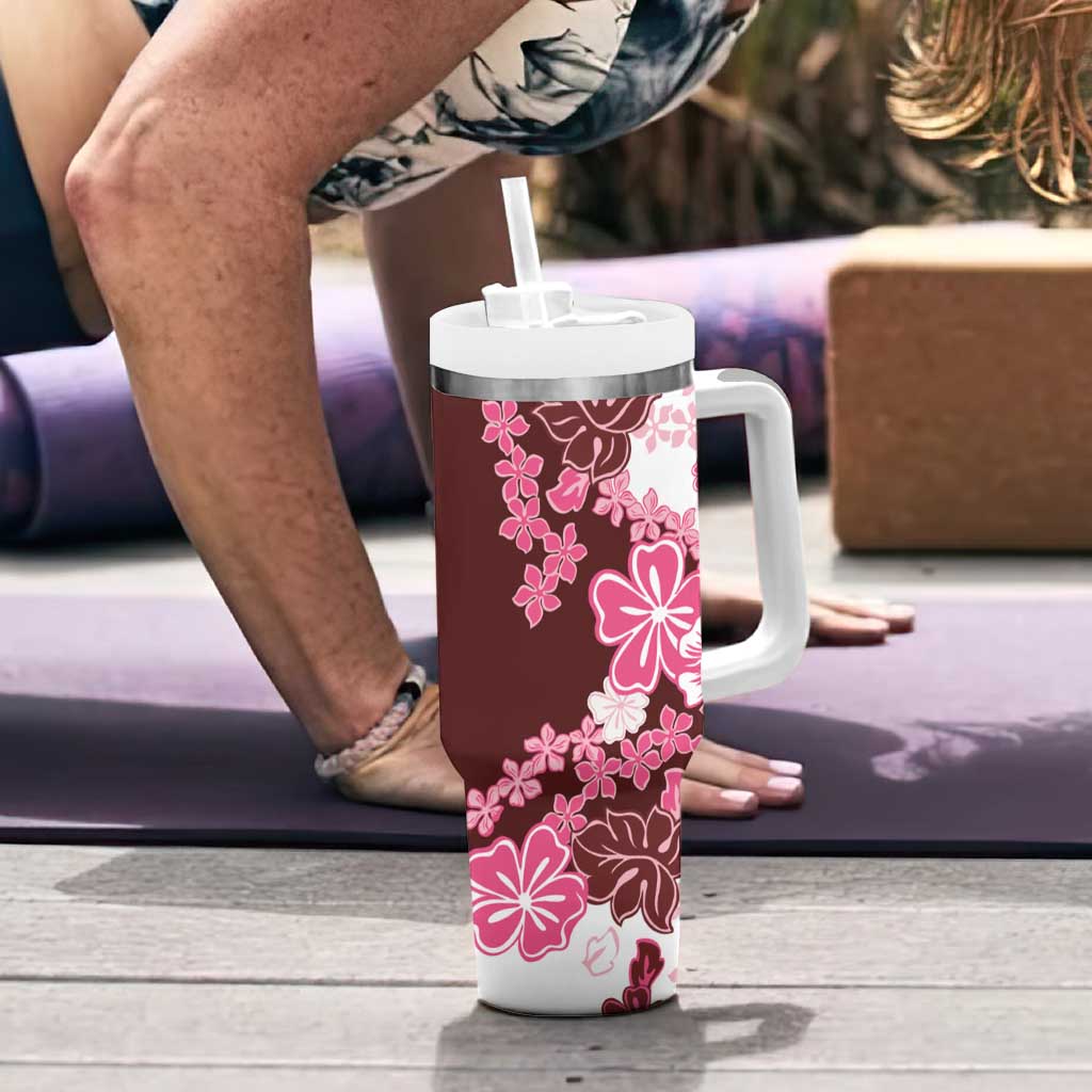 Pink Hibiscus Plumeria Floral Tumbler With Handle - Polynesian Pride
