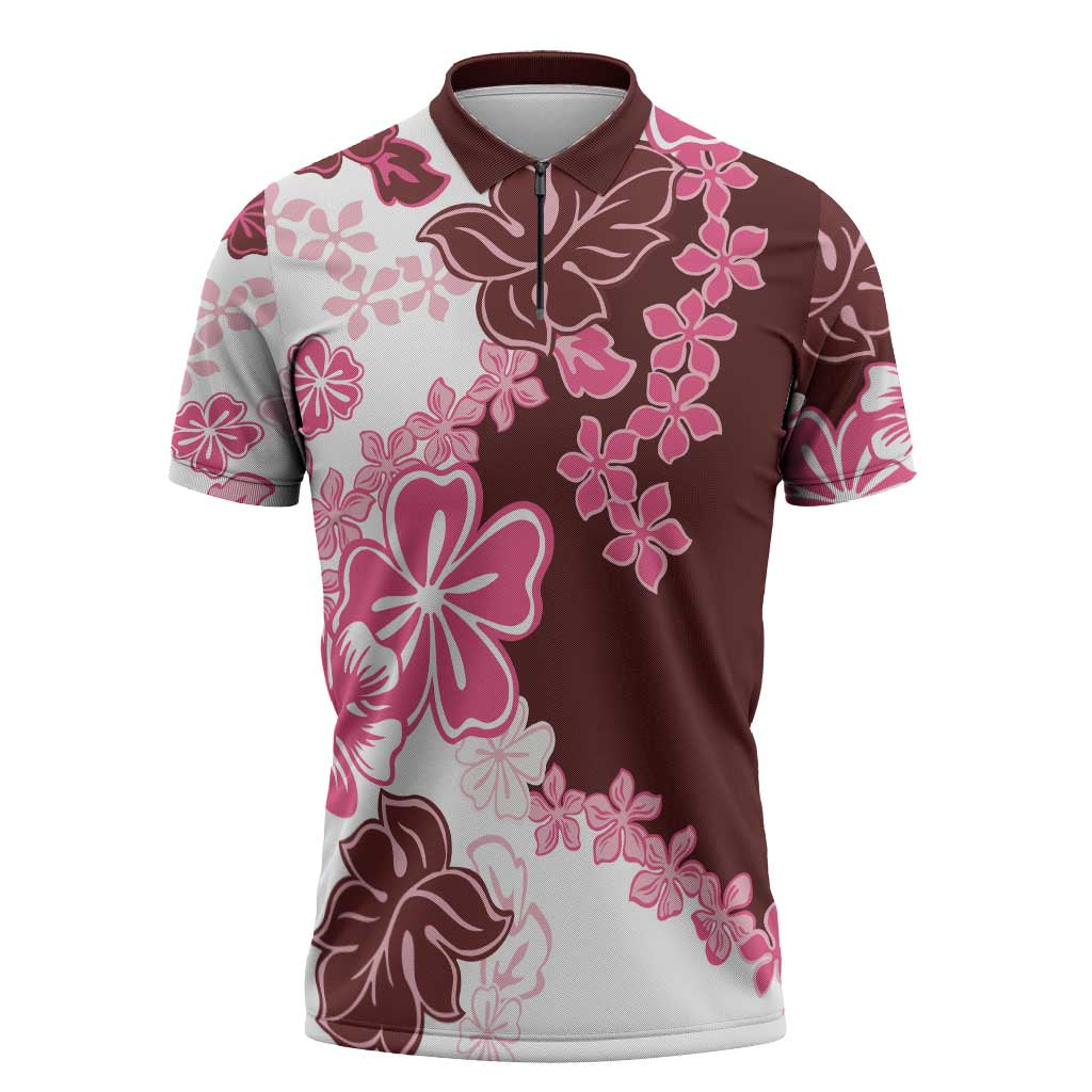 Pink Hibiscus Plumeria Floral Zipper Polo Shirt LT01 Pink - Polynesian Pride