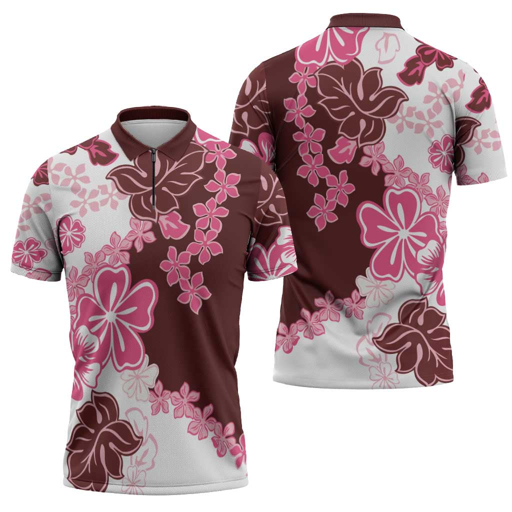 Pink Hibiscus Plumeria Floral Zipper Polo Shirt - Polynesian Pride