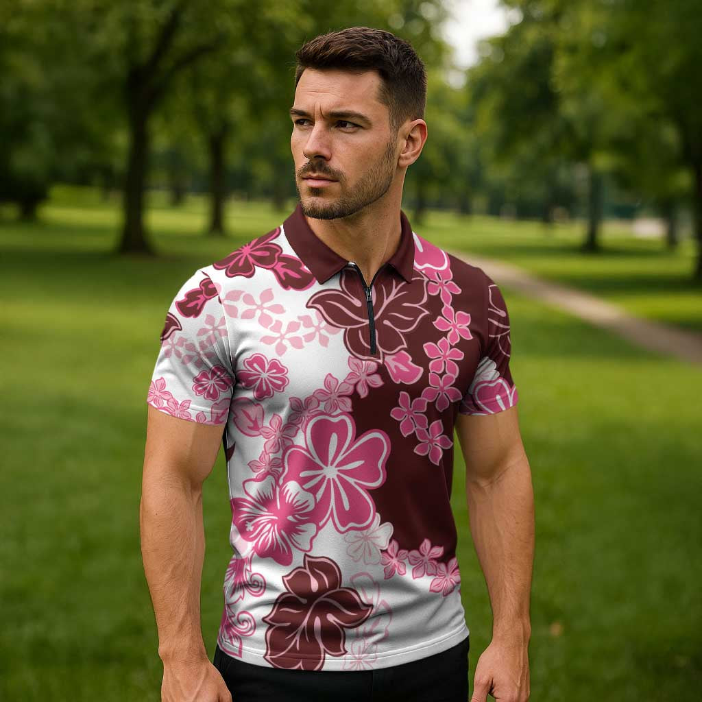 Pink Hibiscus Plumeria Floral Zipper Polo Shirt - Polynesian Pride
