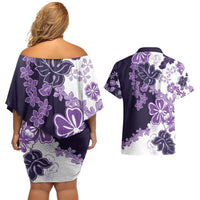 Purple Hibiscus Plumeria Floral Couples Matching Off Shoulder Short Dress and Hawaiian Shirt - Polynesian Pride