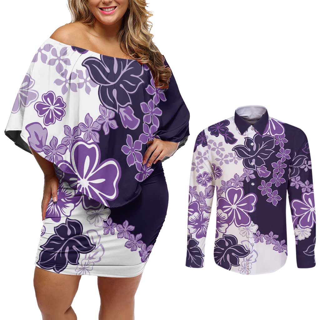 Purple Hibiscus Plumeria Floral Couples Matching Off Shoulder Short Dress and Long Sleeve Button Shirt - Polynesian Pride