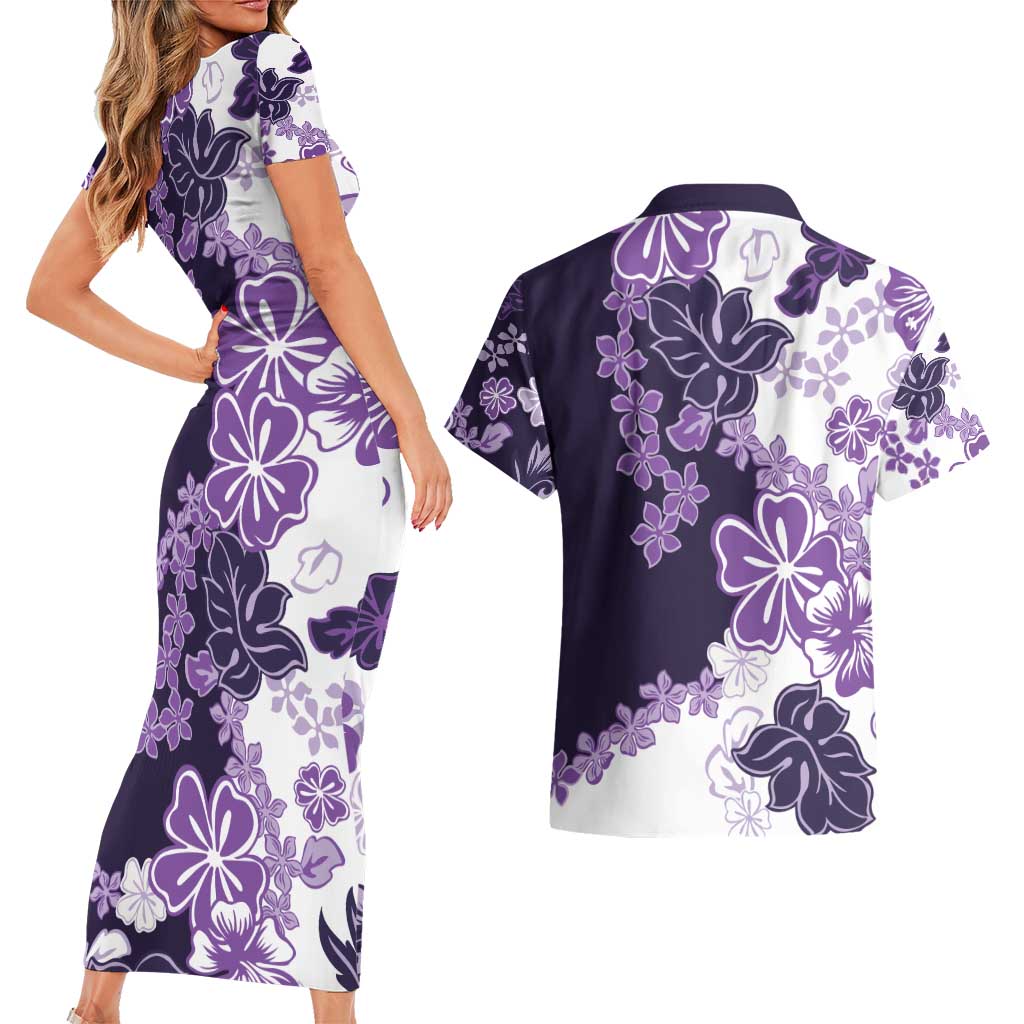 Purple Hibiscus Plumeria Floral Couples Matching Short Sleeve Bodycon Dress and Hawaiian Shirt - Polynesian Pride