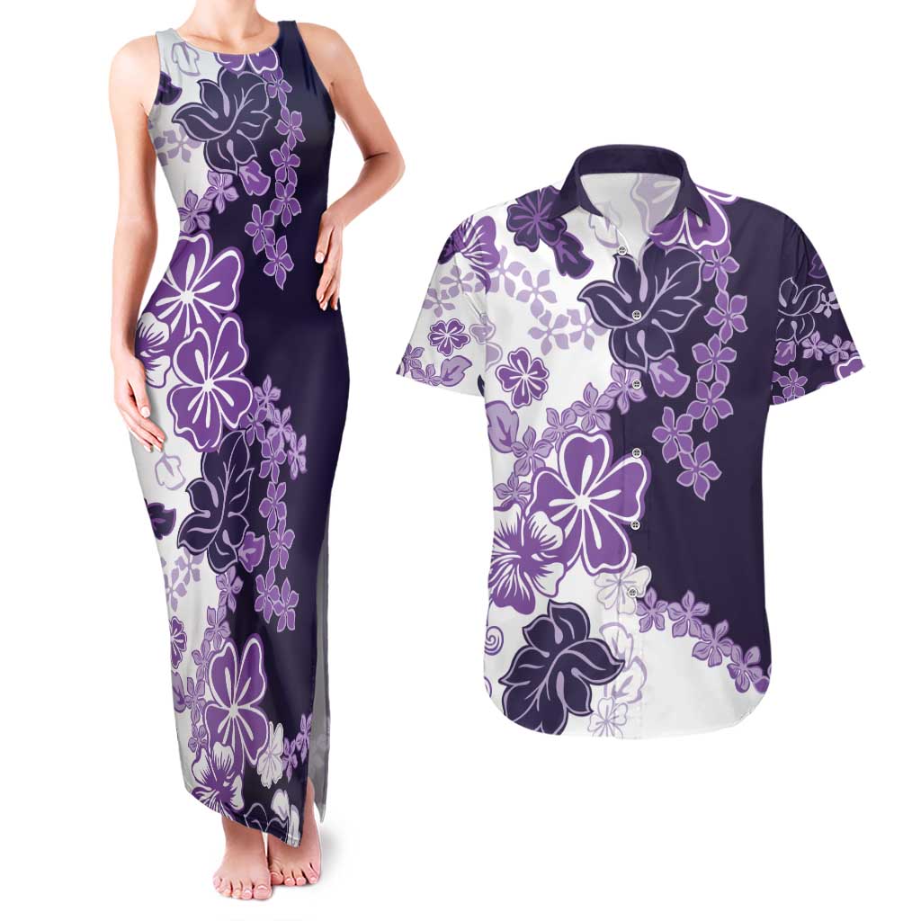 Purple Hibiscus Plumeria Floral Couples Matching Tank Maxi Dress and Hawaiian Shirt - Polynesian Pride