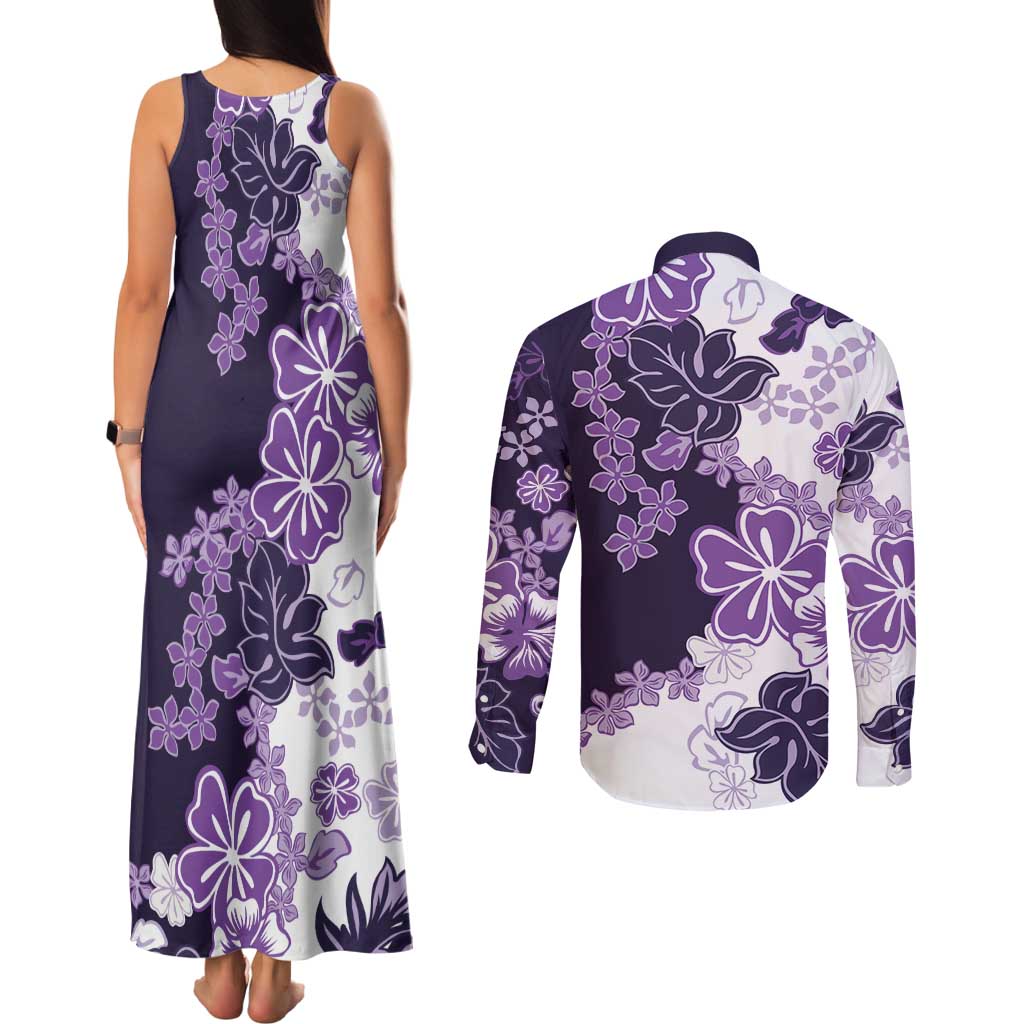 Purple Hibiscus Plumeria Floral Couples Matching Tank Maxi Dress and Long Sleeve Button Shirt - Polynesian Pride