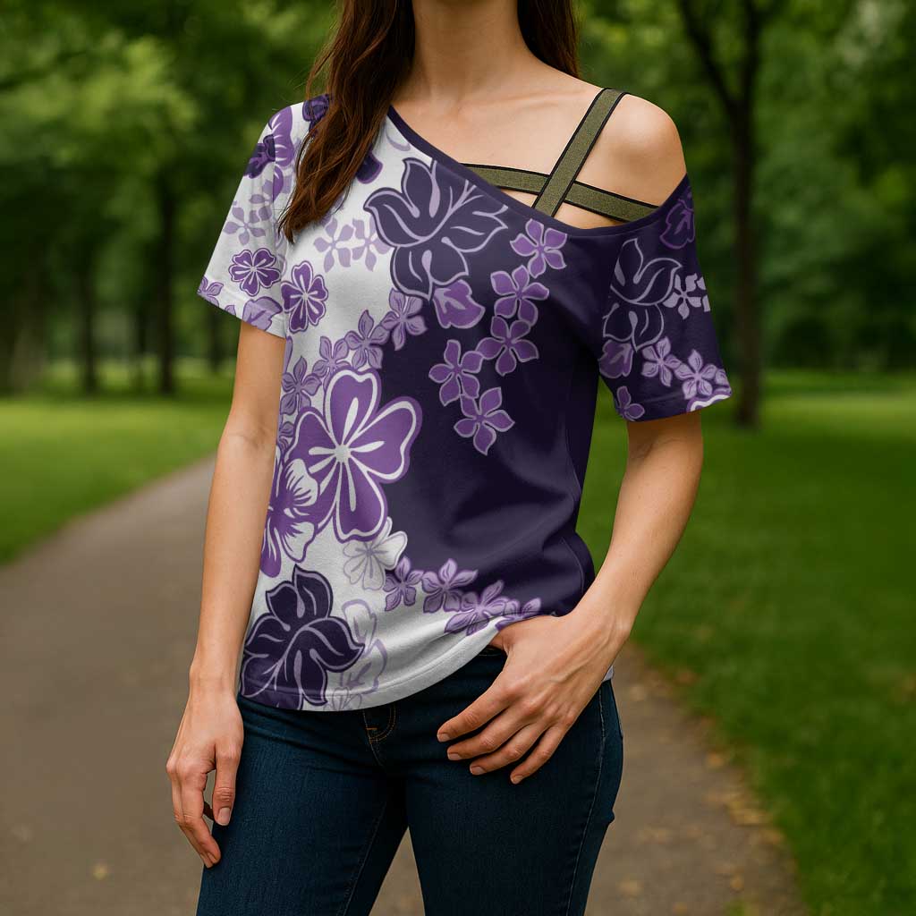 Purple Hibiscus Plumeria Floral Cross Shoulder Shirt LT01 - Polynesian Pride