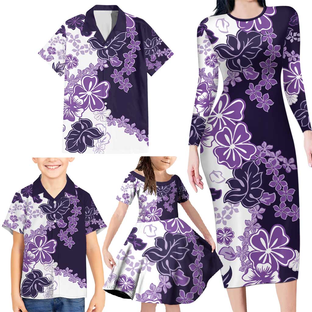 Purple Hibiscus Plumeria Floral Family Matching Long Sleeve Bodycon Dress and Hawaiian Shirt - Polynesian Pride