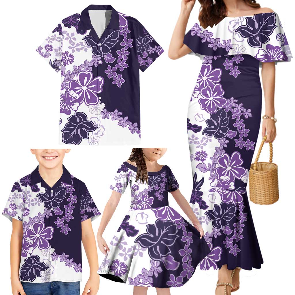 Purple Hibiscus Plumeria Floral Family Matching Mermaid Dress and Hawaiian Shirt - Polynesian Pride