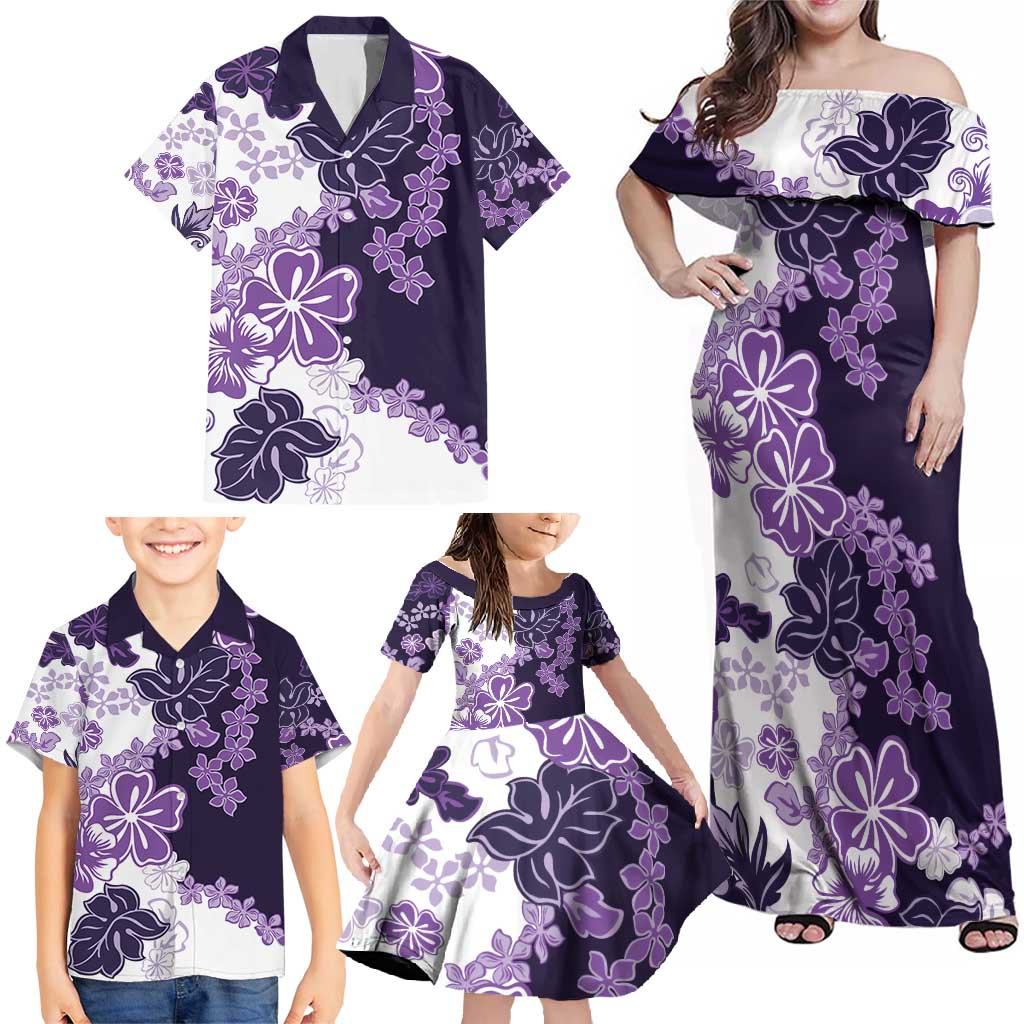 Purple Hibiscus Plumeria Floral Family Matching Off Shoulder Maxi Dress and Hawaiian Shirt - Polynesian Pride