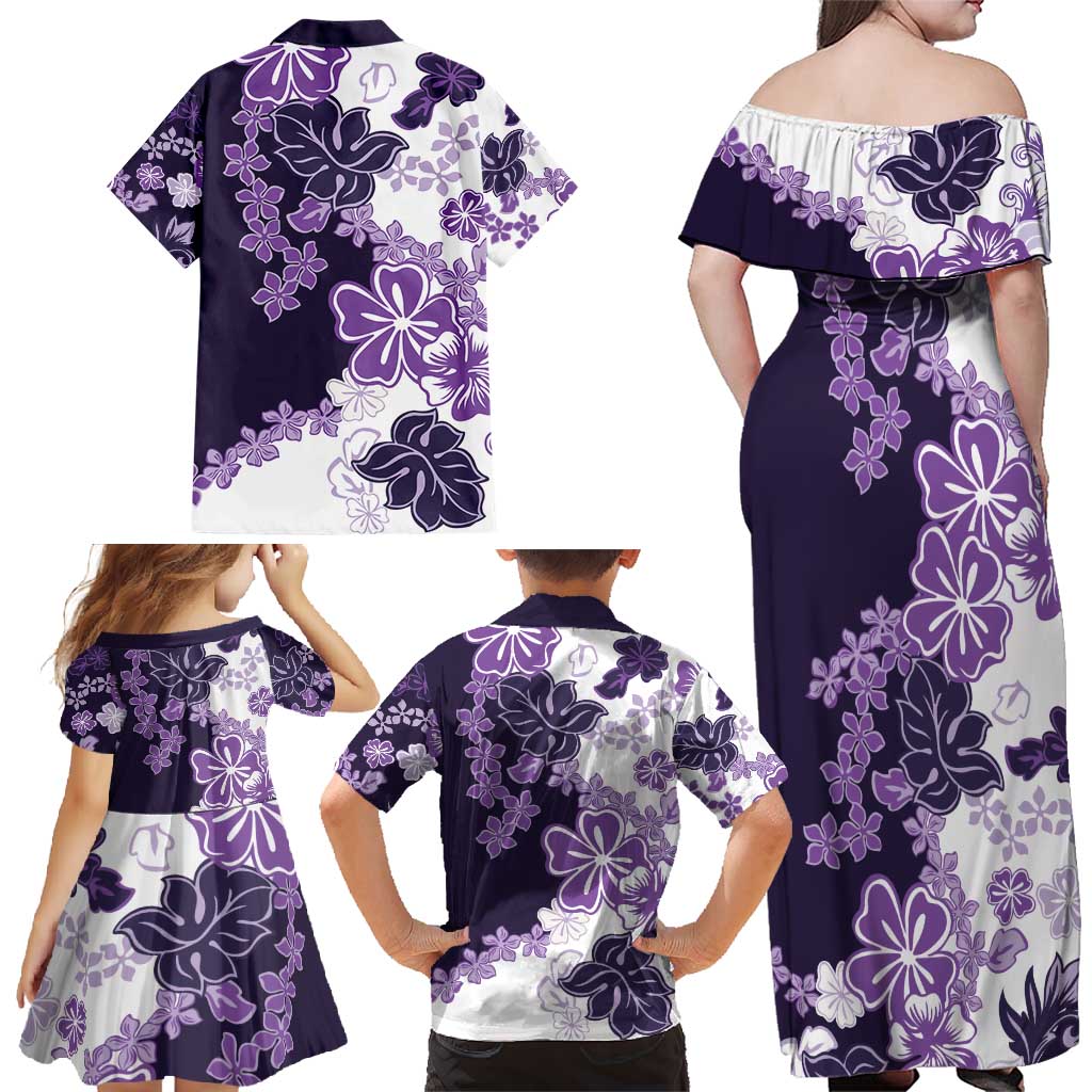 Purple Hibiscus Plumeria Floral Family Matching Off Shoulder Maxi Dress and Hawaiian Shirt - Polynesian Pride