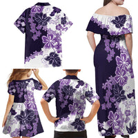 Purple Hibiscus Plumeria Floral Family Matching Off Shoulder Maxi Dress and Hawaiian Shirt - Polynesian Pride