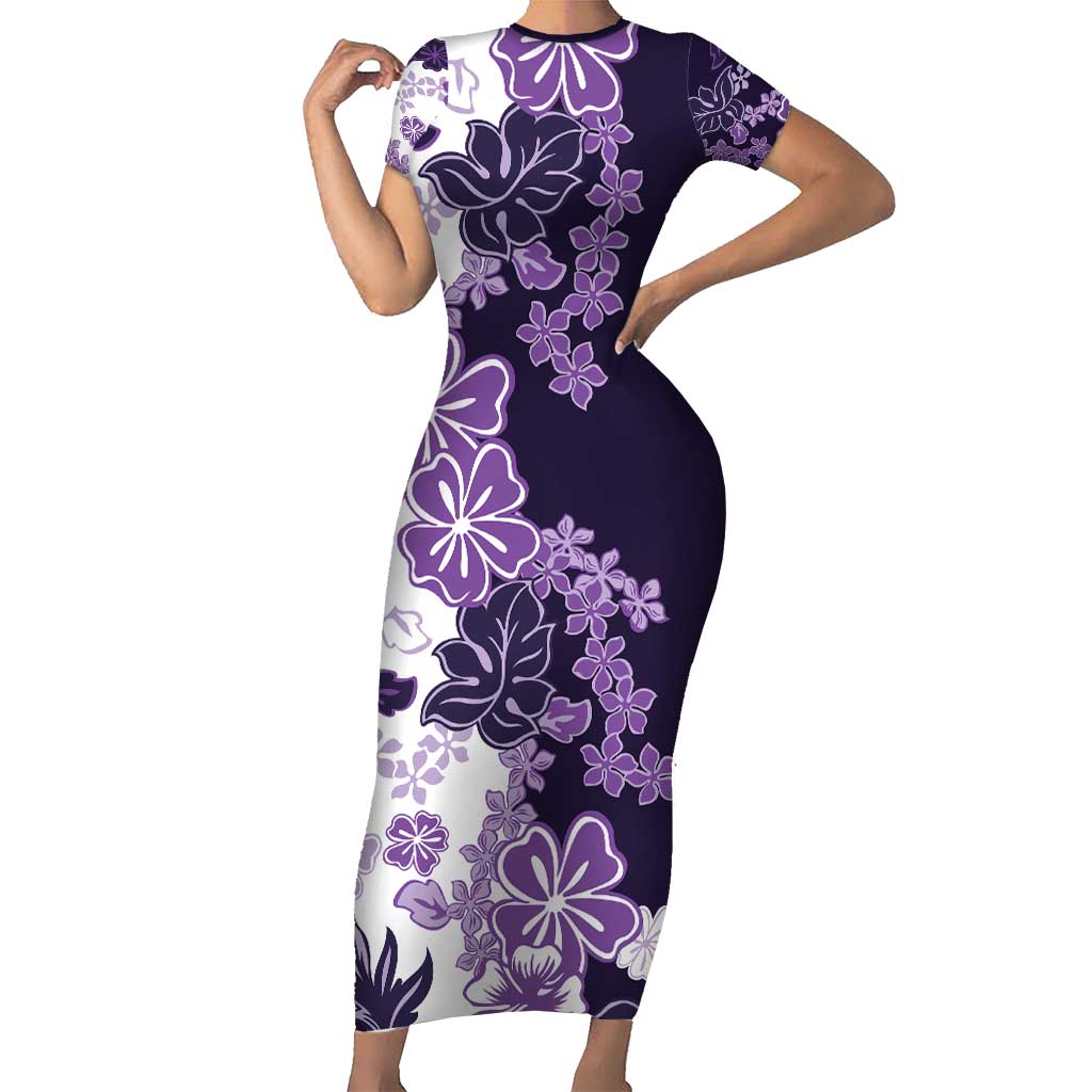 Purple Hibiscus Plumeria Floral Family Matching Short Sleeve Bodycon Dress and Hawaiian Shirt - Polynesian Pride