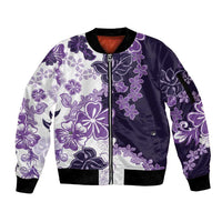 Purple Hibiscus Plumeria Floral Sleeve Zip Bomber Jacket - Polynesian Pride