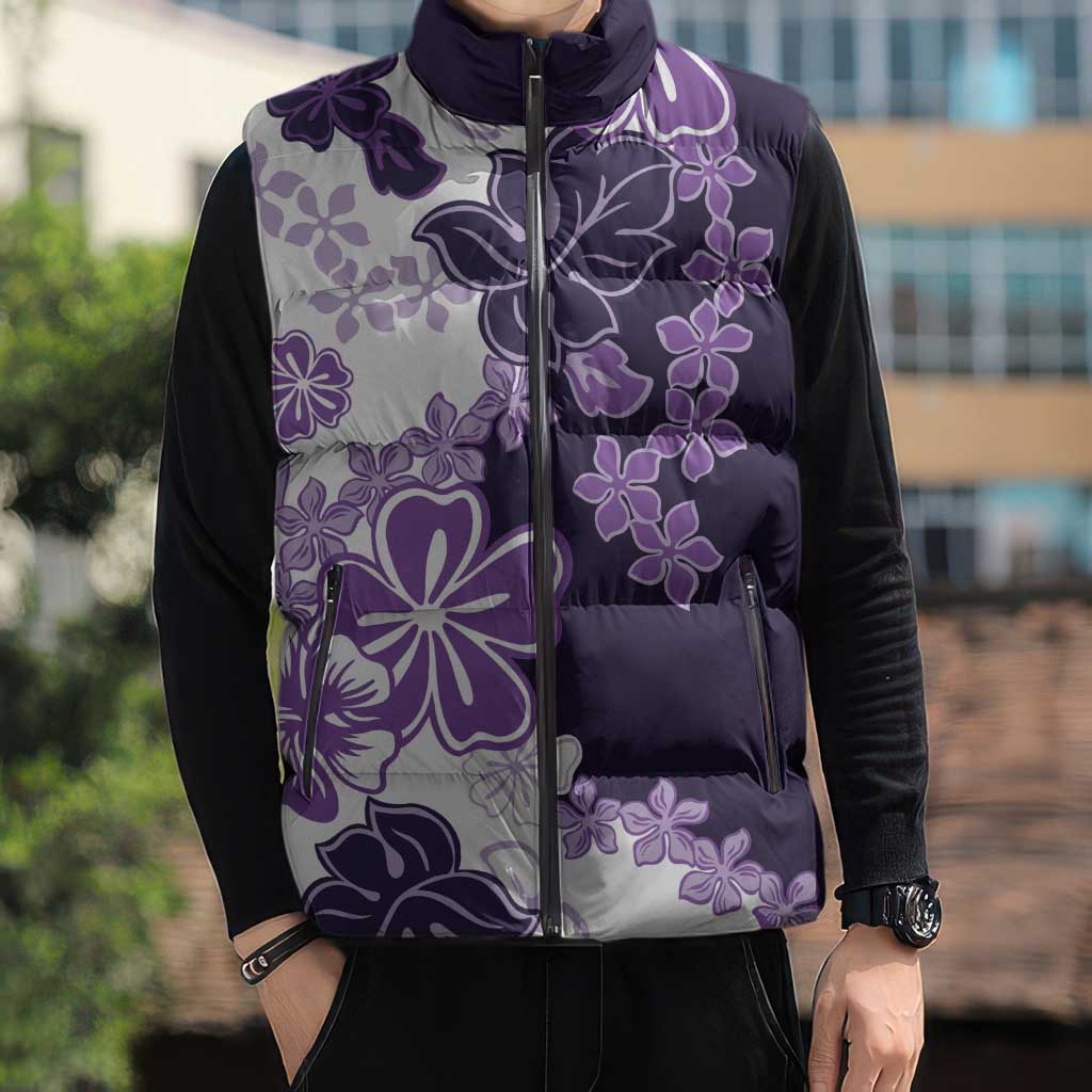 Purple Hibiscus Plumeria Floral Sleeveless Puffer Jacket LT01 - Polynesian Pride
