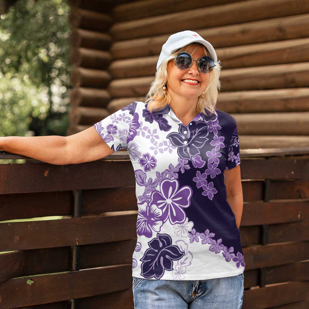 Purple Hibiscus Plumeria Floral Women Polo Shirt - Polynesian Pride