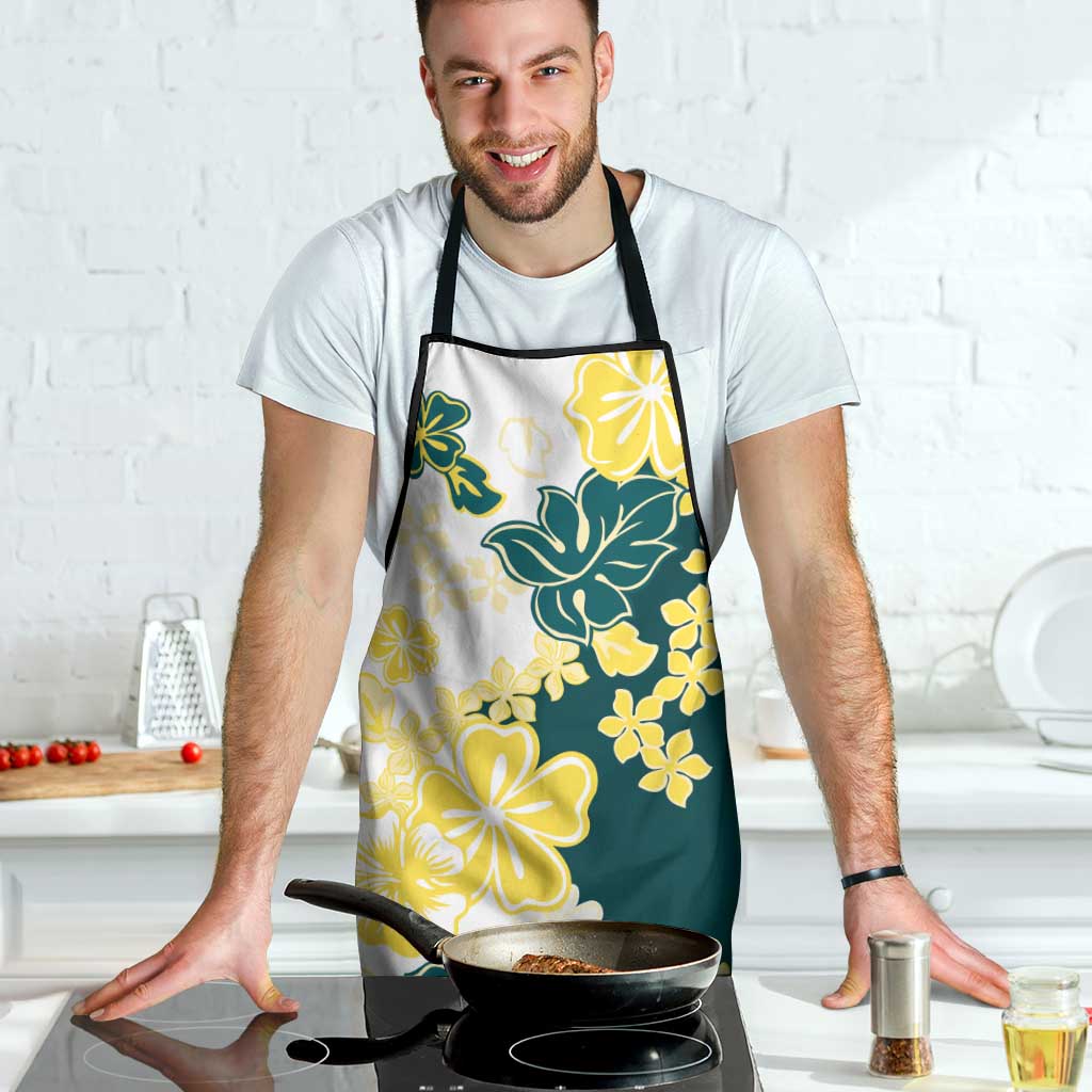 Yelow Teal Hibiscus Plumeria Floral Apron - Polynesian Pride
