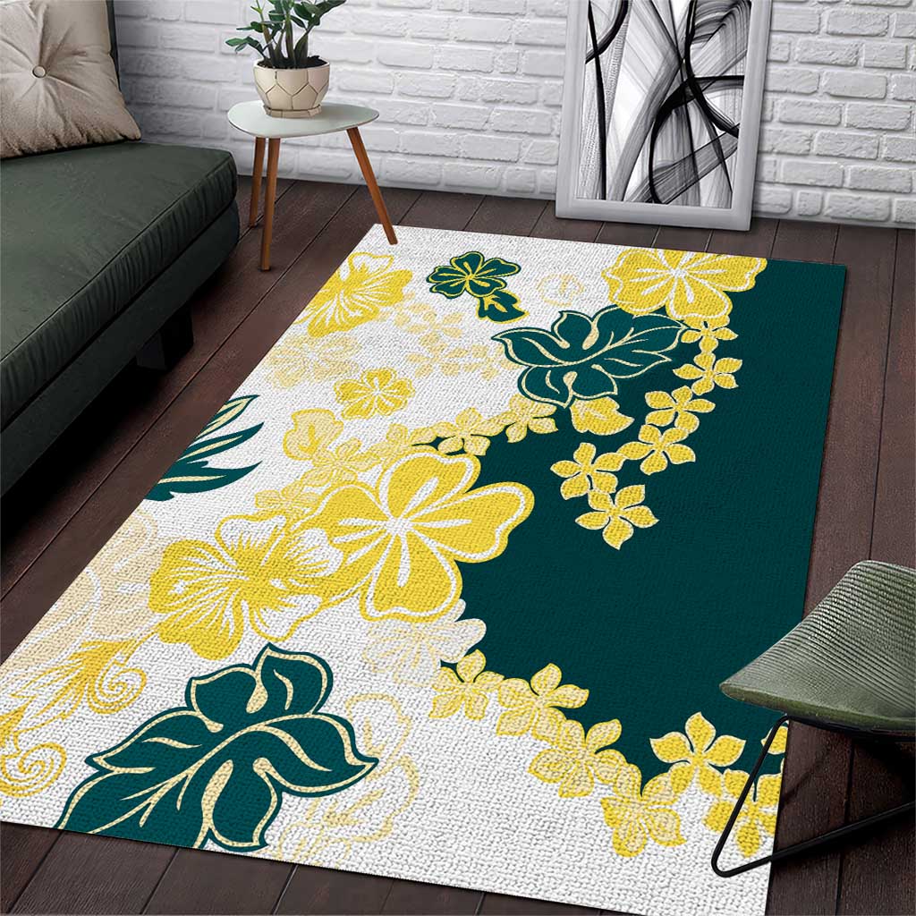Yelow Teal Hibiscus Plumeria Floral Area Rug - Polynesian Pride