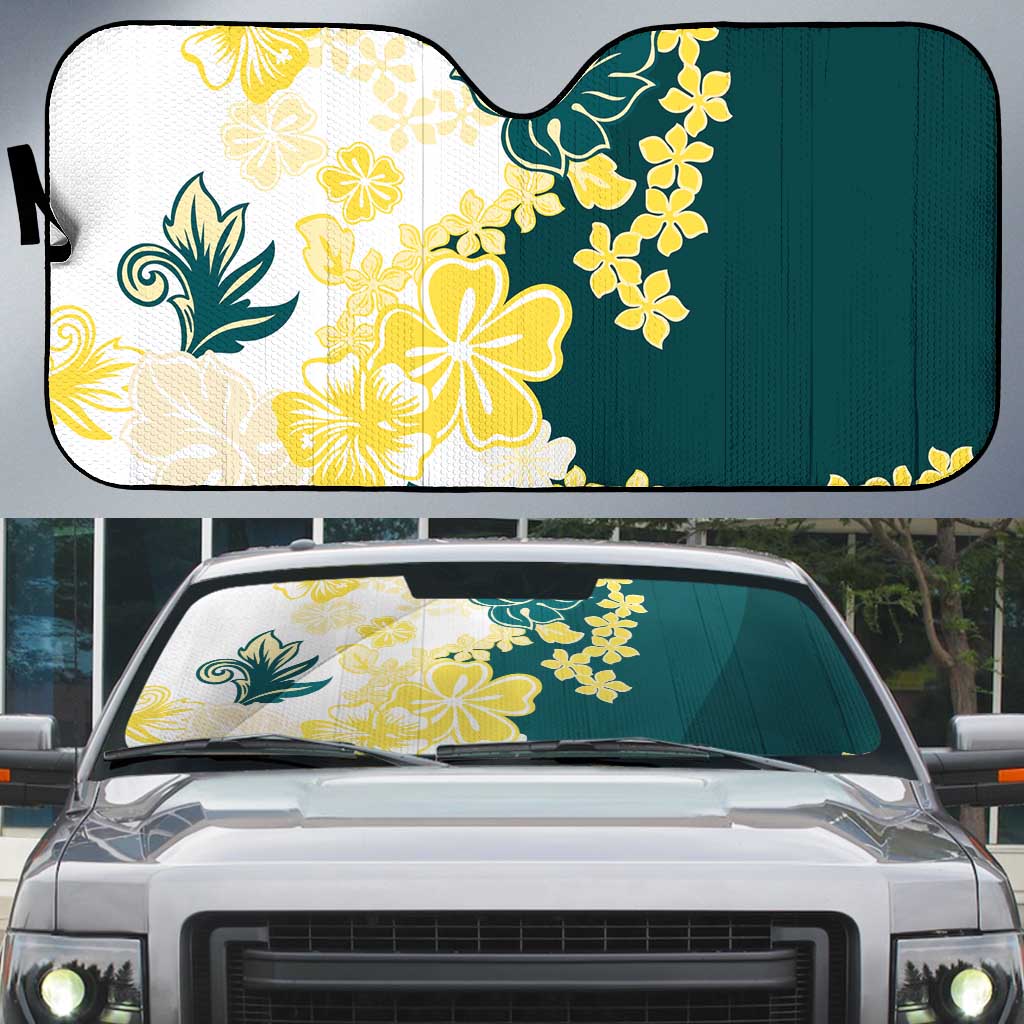 Yelow Teal Hibiscus Plumeria Floral Auto Sun Shade LT01 Yellow - Polynesian Pride
