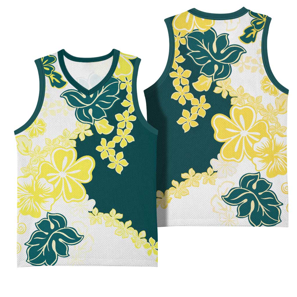 Yelow Teal Hibiscus Plumeria Floral Basketball Jersey LT01 - Polynesian Pride